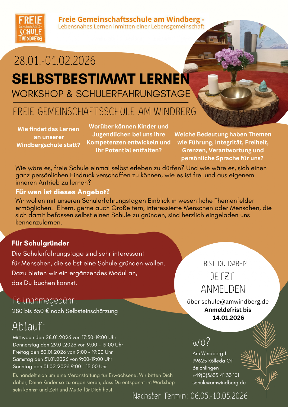 Wie wäre es für Eltern freie Schule einfach einmal selbst erleben zu dürfen und dabei ihre eigene  Lernbiografie zu reflektieren? Und wie wäre es sich einen ganz persönlichen Eindruck verschaffen zu  können, wie es ist frei und aus eigenen inneren Antrieb zu lernen?  Wir werden uns auch mit den persönlichen Fragen befassen, beispielweise wie es ist die eigenen Kinder  auf eine nicht-direktive, freie und aktive Schule zu geben.