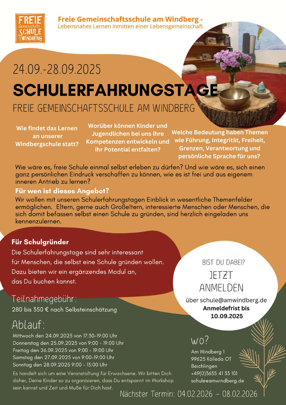 Wie wäre es für Eltern freie Schule einfach einmal selbst erleben zu dürfen und dabei ihre eigene  Lernbiografie zu reflektieren? Und wie wäre es sich einen ganz persönlichen Eindruck verschaffen zu  können, wie es ist frei und aus eigenen inneren Antrieb zu lernen?  Wir werden uns auch mit den persönlichen Fragen befassen, beispielweise wie es ist die eigenen Kinder  auf eine nicht-direktive, freie und aktive Schule zu geben.